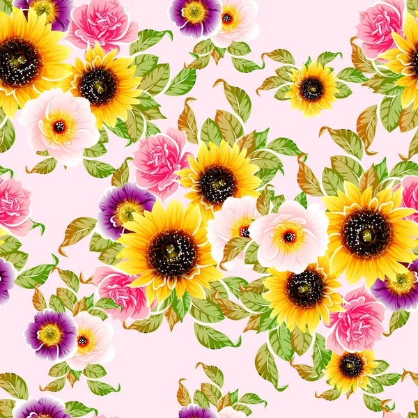 Colourful Vintage Style Flowers Seamless Pattern — Stock Vector