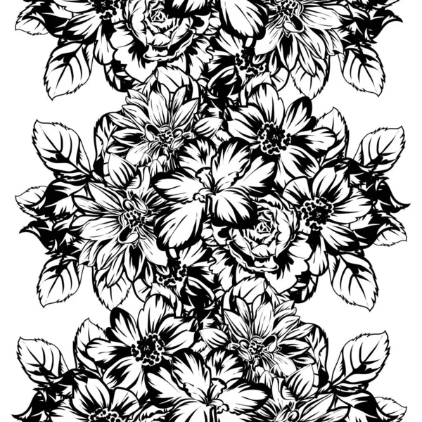 Seamless Monochrome Vintage Style Flowers Pattern — Stock Vector