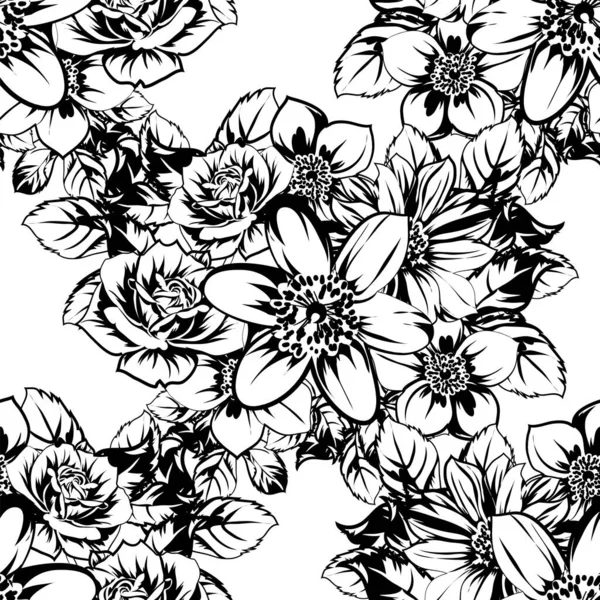 Naadloze Monochrome Vintage Stijl Bloemen Patroon — Stockvector