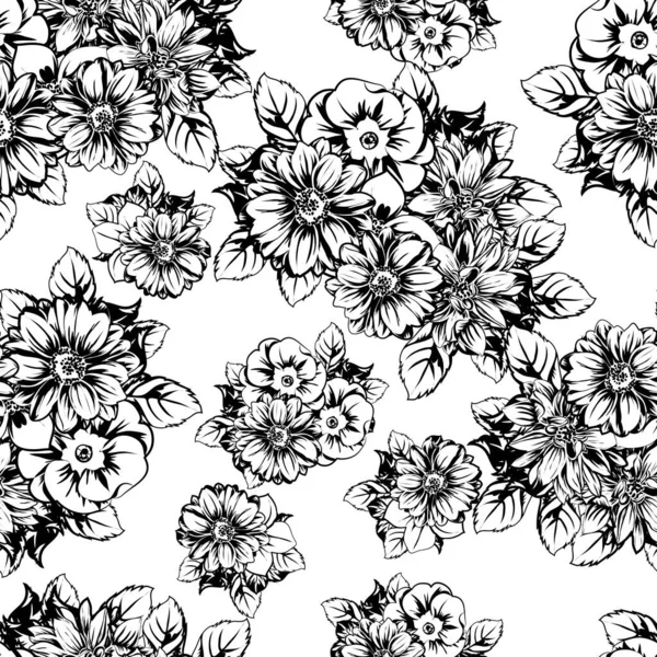 Modèle Fleurs Sans Couture Style Vintage Monochrome — Image vectorielle