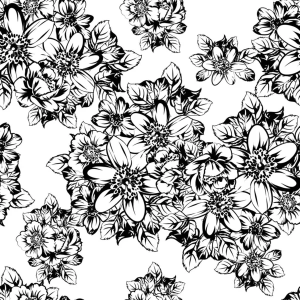 Inconsútil Patrón Flores Estilo Vintage Monocromo — Vector de stock