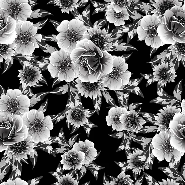 Seamless Monochrome Vintage Style Flowers Pattern — Stock Vector