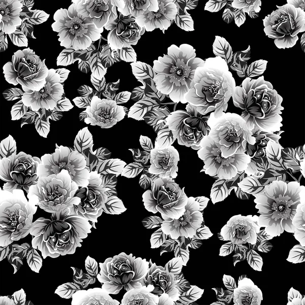 Zökkenőmentes Monokróm Vintage Stílusú Virágok Minta — Stock Vector