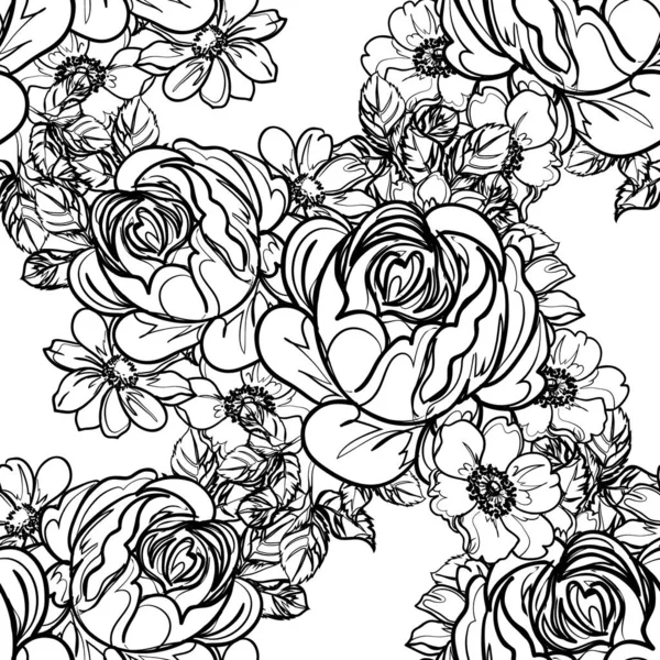 Modèle Fleurs Sans Couture Style Vintage Monochrome — Image vectorielle