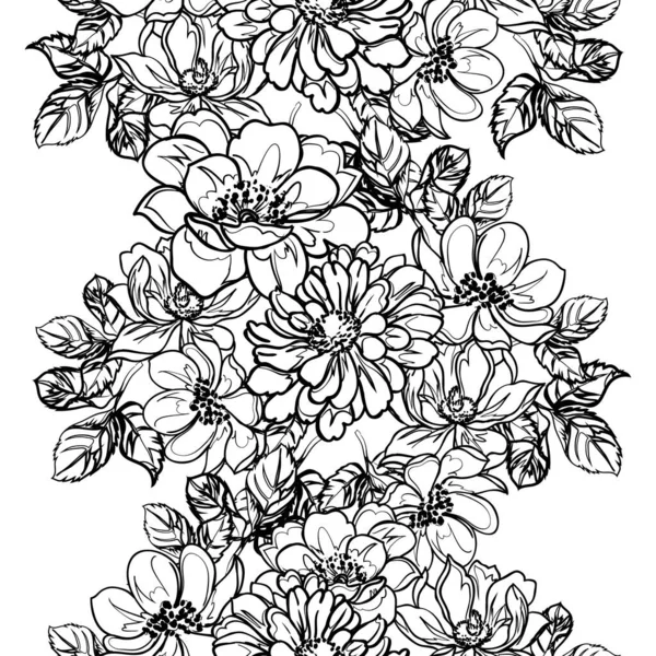 Inconsútil Patrón Flores Estilo Vintage Monocromo — Vector de stock