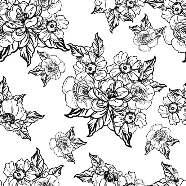 Modèle Fleurs Sans Couture Style Vintage Monochrome — Image vectorielle