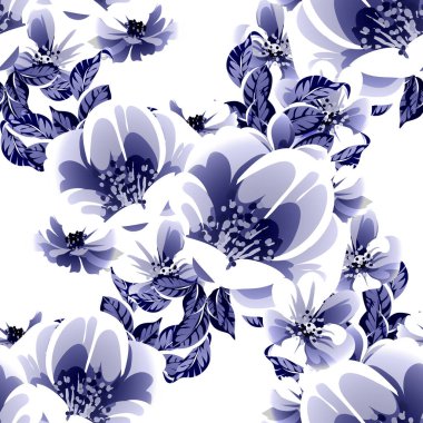 Kusursuz mavi monokrom klasik çiçek deseni
