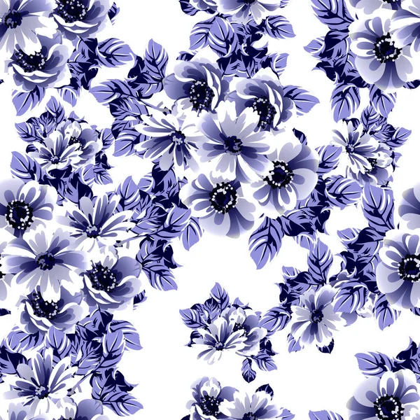 Seamless Blue Monochrome Vintage Style Flowers Pattern — Stock Vector