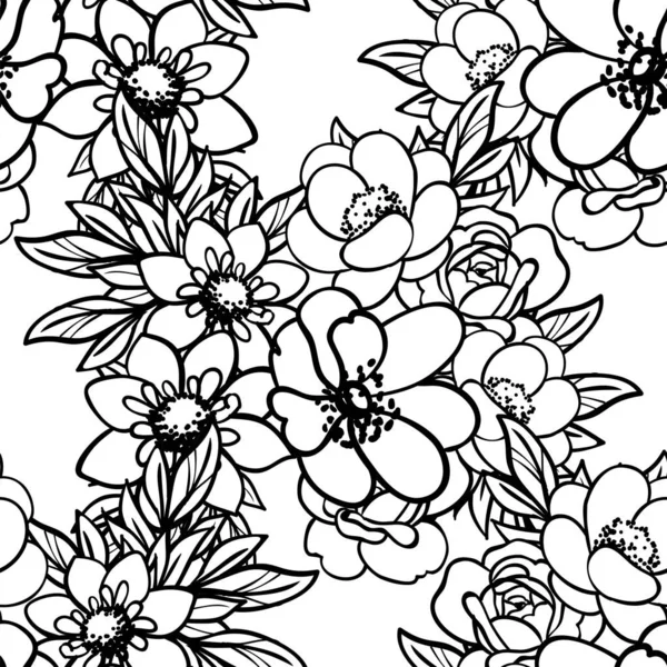 Seamless Monochrome Vintage Style Flowers Pattern — Stock Vector