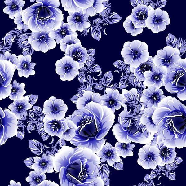 Patrón Flores Estilo Vintage Monocromo Azul Sin Costuras — Vector de stock