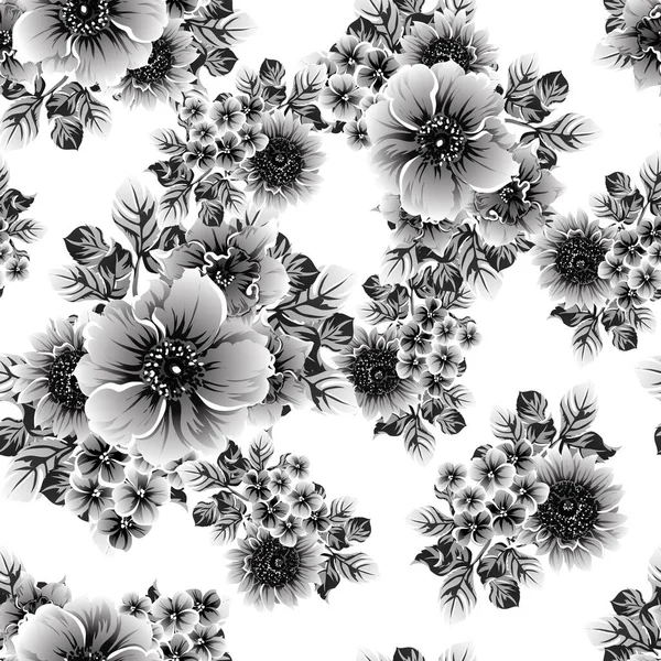 Seamless Monochrome Vintage Style Flowers Pattern — Stock Vector