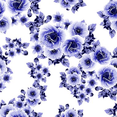 Kusursuz mavi monokrom klasik çiçek deseni