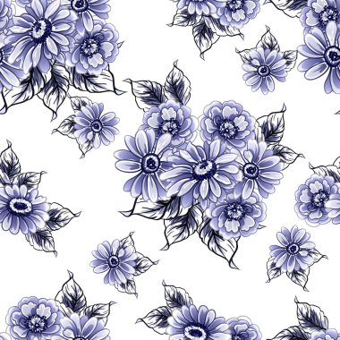 Kusursuz mavi monokrom klasik çiçek deseni
