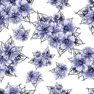 Kusursuz mavi monokrom klasik çiçek deseni