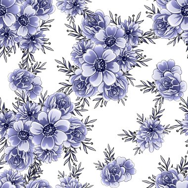 Kusursuz mavi monokrom klasik çiçek deseni