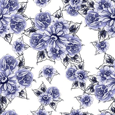 Kusursuz mavi monokrom klasik çiçek deseni