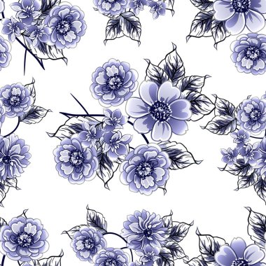 Kusursuz mavi monokrom klasik çiçek deseni