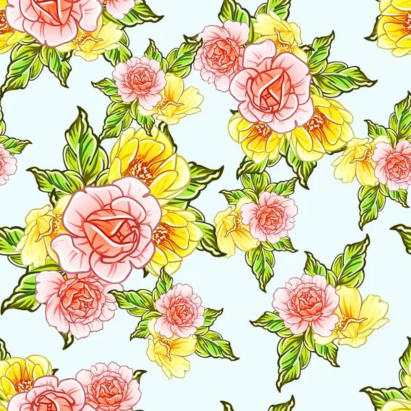 Colorato Stile Vintage Fiori Modello Senza Soluzione Continuità — Vettoriale Stock