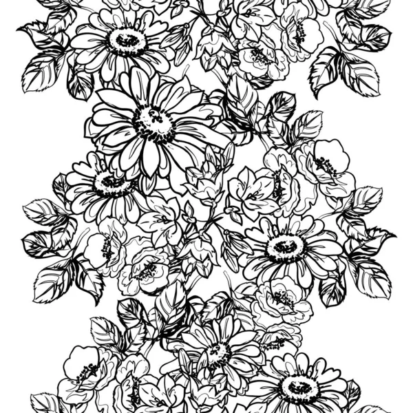 Inconsútil Patrón Flores Estilo Vintage Monocromo — Vector de stock