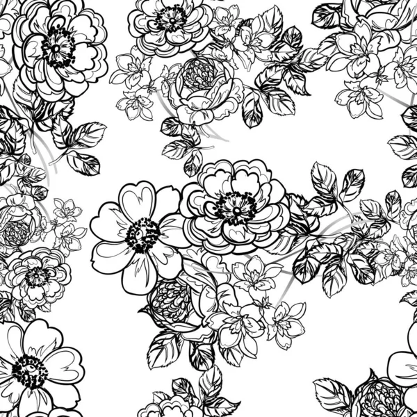 Sömlös Monokrom Vintage Stil Blommor Mönster — Stock vektor