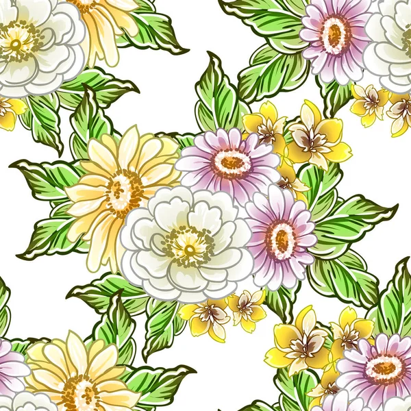 Colourful Vintage Style Flowers Seamless Pattern — Stock Vector