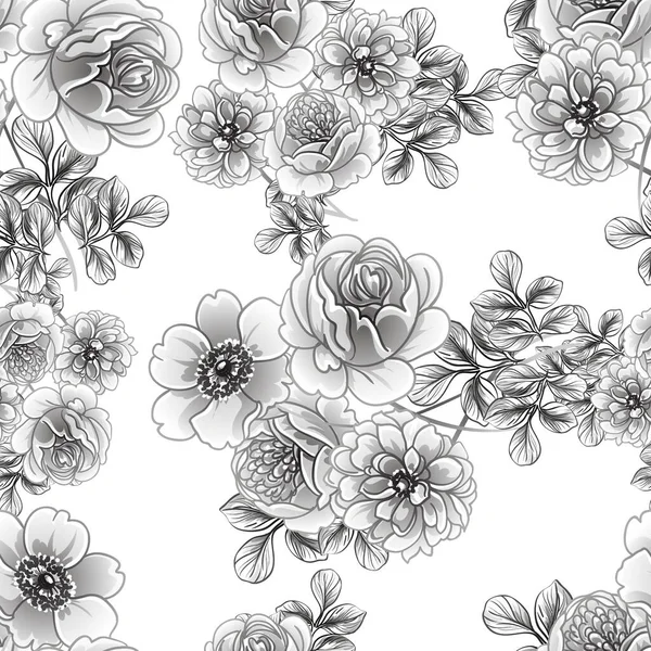 Modèle Fleurs Sans Couture Style Vintage Monochrome — Image vectorielle