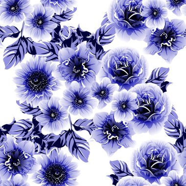 Kusursuz mavi monokrom klasik çiçek deseni