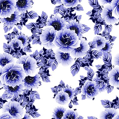 Kusursuz mavi monokrom klasik çiçek deseni