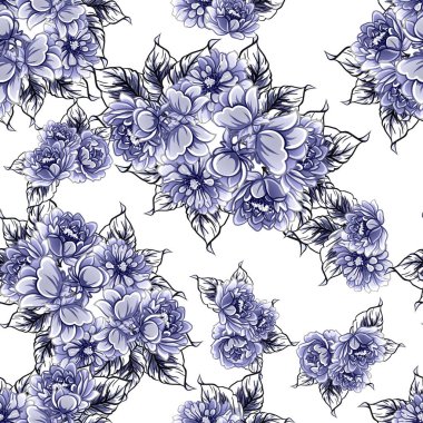 Kusursuz mavi monokrom klasik çiçek deseni