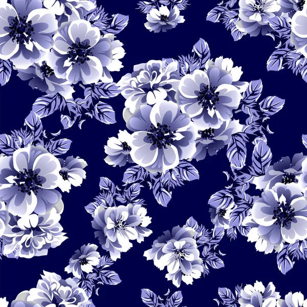 Patrón Flores Estilo Vintage Monocromo Azul Sin Costuras — Vector de stock