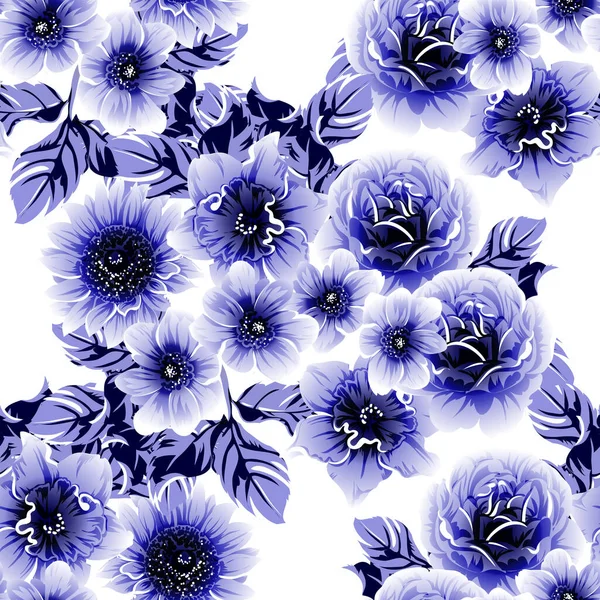 Kusursuz mavi monokrom klasik çiçek deseni