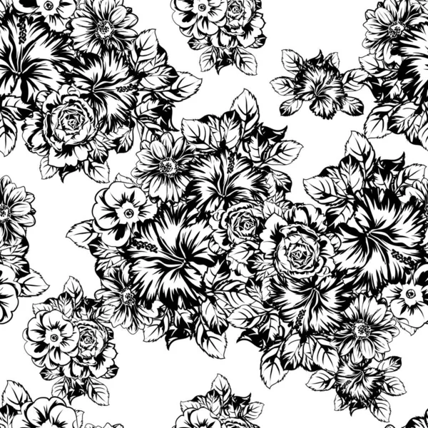 Seamless Monochrome Vintage Style Flowers Pattern — Stock Vector