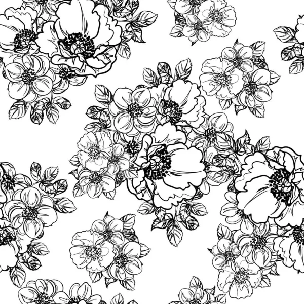 Inconsútil Patrón Flores Estilo Vintage Monocromo — Vector de stock