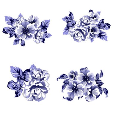 Kusursuz mavi monokrom klasik çiçek deseni