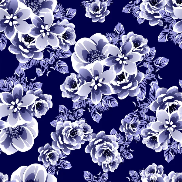 Azul Sem Costura Monocromático Estilo Vintage Padrão Flores — Vetor de Stock