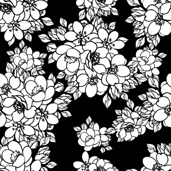 Nahtloses Monochromes Blumenmuster Vintage Stil — Stockvektor