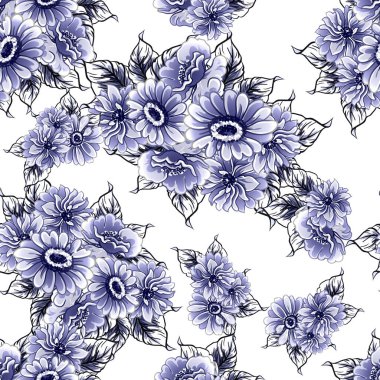 Kusursuz mavi monokrom klasik çiçek deseni
