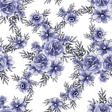 Kusursuz mavi monokrom klasik çiçek deseni