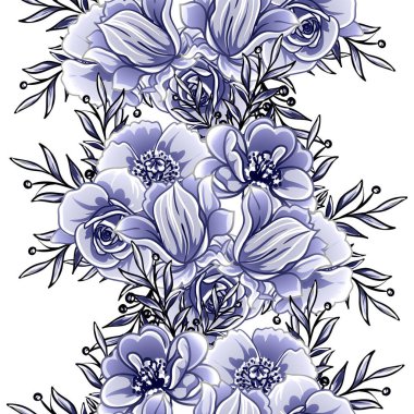 Kusursuz mavi monokrom klasik çiçek deseni