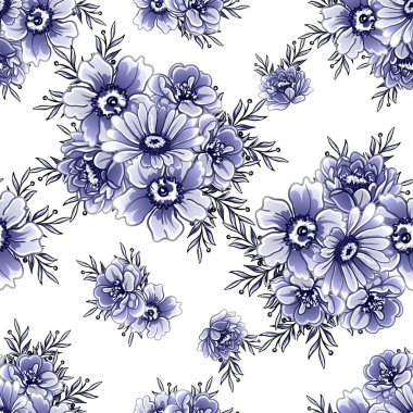 Kusursuz mavi monokrom klasik çiçek deseni