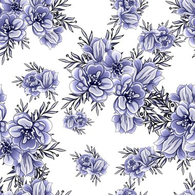 Kusursuz mavi monokrom klasik çiçek deseni
