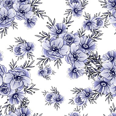 Kusursuz mavi monokrom klasik çiçek deseni