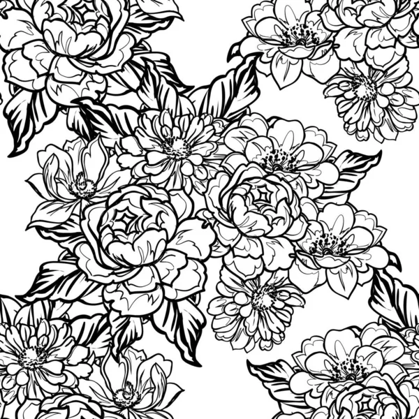 Inconsútil Patrón Flores Estilo Vintage Monocromo — Vector de stock