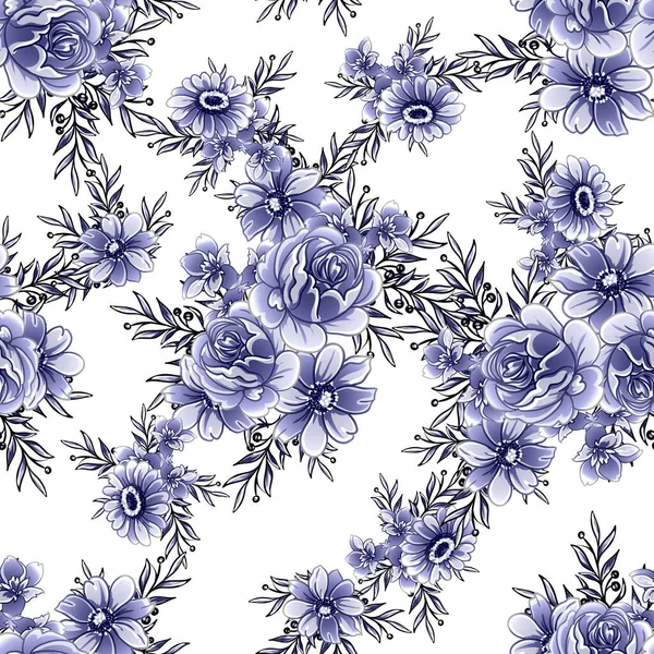 Kusursuz mavi monokrom klasik çiçek deseni