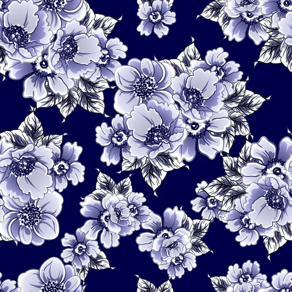 Patrón Flores Estilo Vintage Monocromo Azul Sin Costuras — Vector de stock