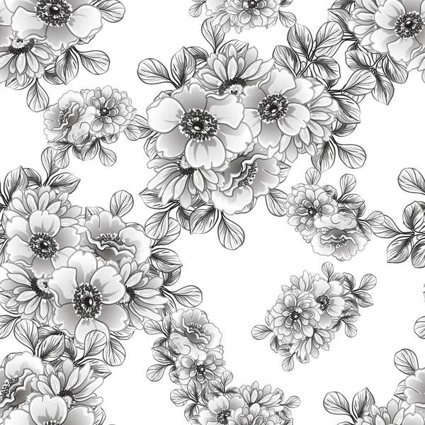 Senza Soluzione Continuità Modello Fiori Stile Vintage Monocromatico — Vettoriale Stock