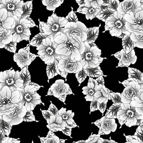 Modèle Fleurs Sans Couture Style Vintage Monochrome — Image vectorielle