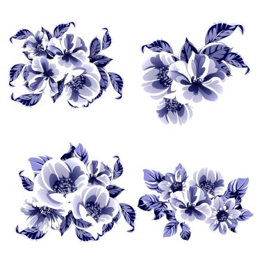 Kusursuz mavi monokrom klasik çiçek deseni