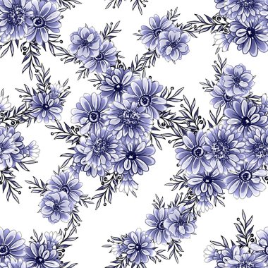 Kusursuz mavi monokrom klasik çiçek deseni