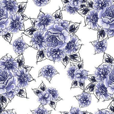 Kusursuz mavi monokrom klasik çiçek deseni